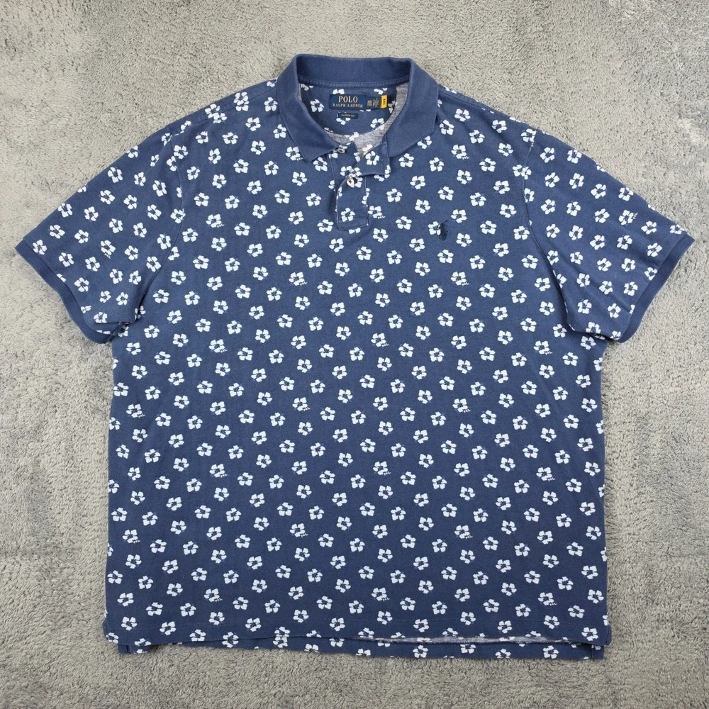 Polo Ralph Lauren Polo Shirt Mens XXL Blue Hibiscus Floral Classic Fit Cotton